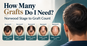 Norwood scale chart with graft count ranges written beside each stage of male pattern hair loss