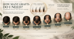 Norwood scale chart with graft count ranges written beside each stage of male pattern hair loss