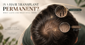 Side-by-side scalp diagram showing permanent donor zone at the back of the head and the thinning zone on top