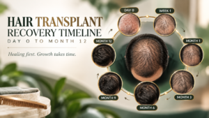 Twelve-month recovery timeline strip showing scalp appearance after a hair transplant at day 3, day 10, week 4, month 4 and month 12