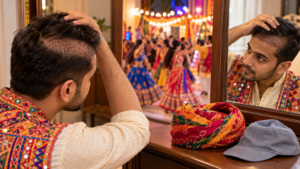 Correct image prompt Create a photorealistic medical education image showing a young Indian man approximately 10–14 days after an FUE hair transplant preparing to attend Garba during Navratri. He is shown in a realistic side/three-quarter view, gently checking his healing scalp in a mirror before dancing. Show subtle, realistic healing graft areas on the recipient scalp, with no blood and no open wounds. Place a traditional Gujarati pagdi/safa and a loose cotton cap beside him, clearly showing that he is considering when headwear can safely touch the scalp. In the background, show a softly blurred Garba venue with people dancing, creating a clear connection to Navratri and dancing after hair transplant. The visual should communicate recovery timing, sweating, dancing and headwear after FUE hair transplantation without using text. Premium medical website education photography, realistic Indian appearance, natural skin and hair texture, natural lighting, clinically accurate scalp anatomy, clean professional composition, realistic colors, no doctor, no surgery scene, no blood, no exaggerated scabs, no graphic wound, no text, no labels, no logo, no watermark, no promotional look, no artificial AI appearance, 4K photorealistic quality, horizontal 16:9 composition, 1200×675 px.